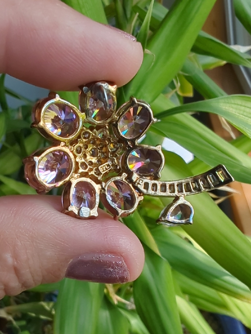 Vintage Floral Crystal Pendant, Makers Mark "CL" 925 Yellow Gold Plated - Picture 13 of 16